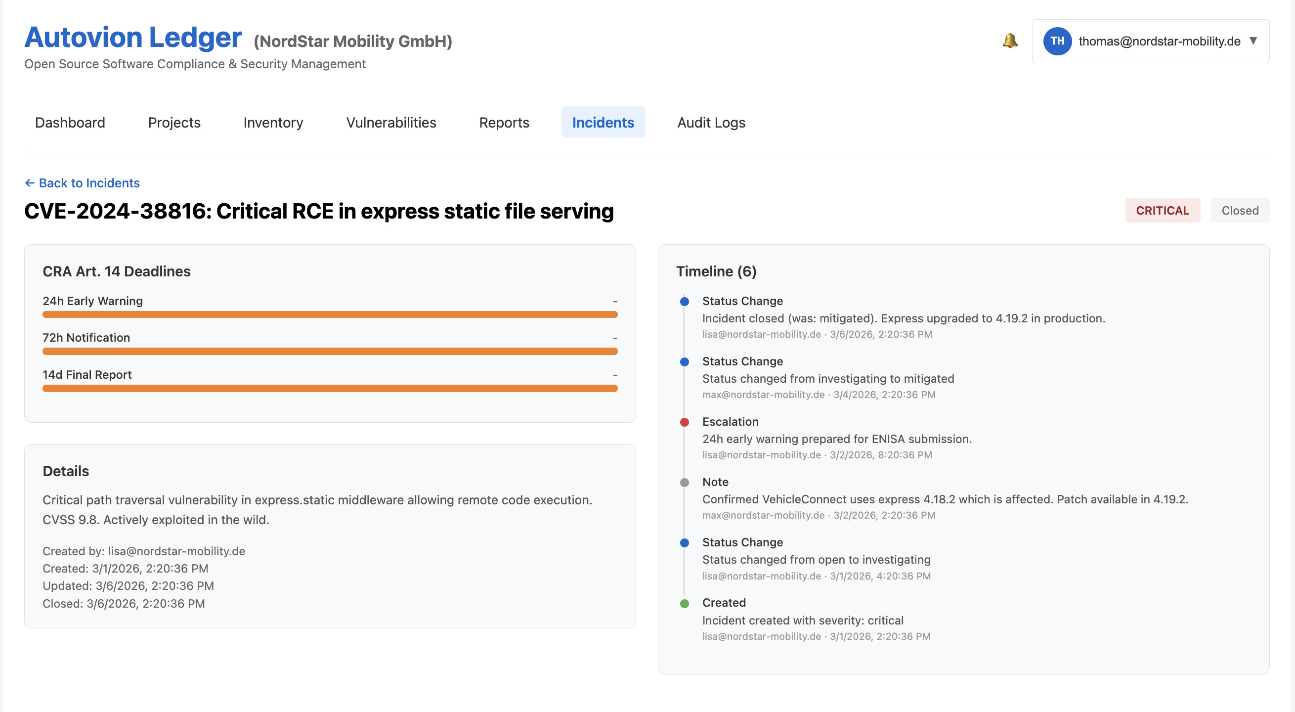Autovion Ledger - Erkenntnisse in Remediation-Workflows und belastbare CRA-Nachweise umsetzen: SBOM, vulnerability, and CRA compliance evidence